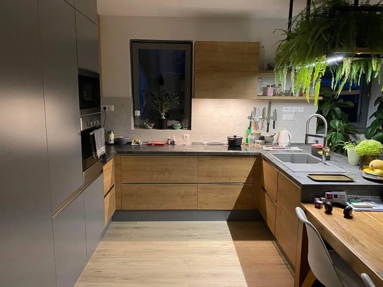 Kitchen run with wooden fronts