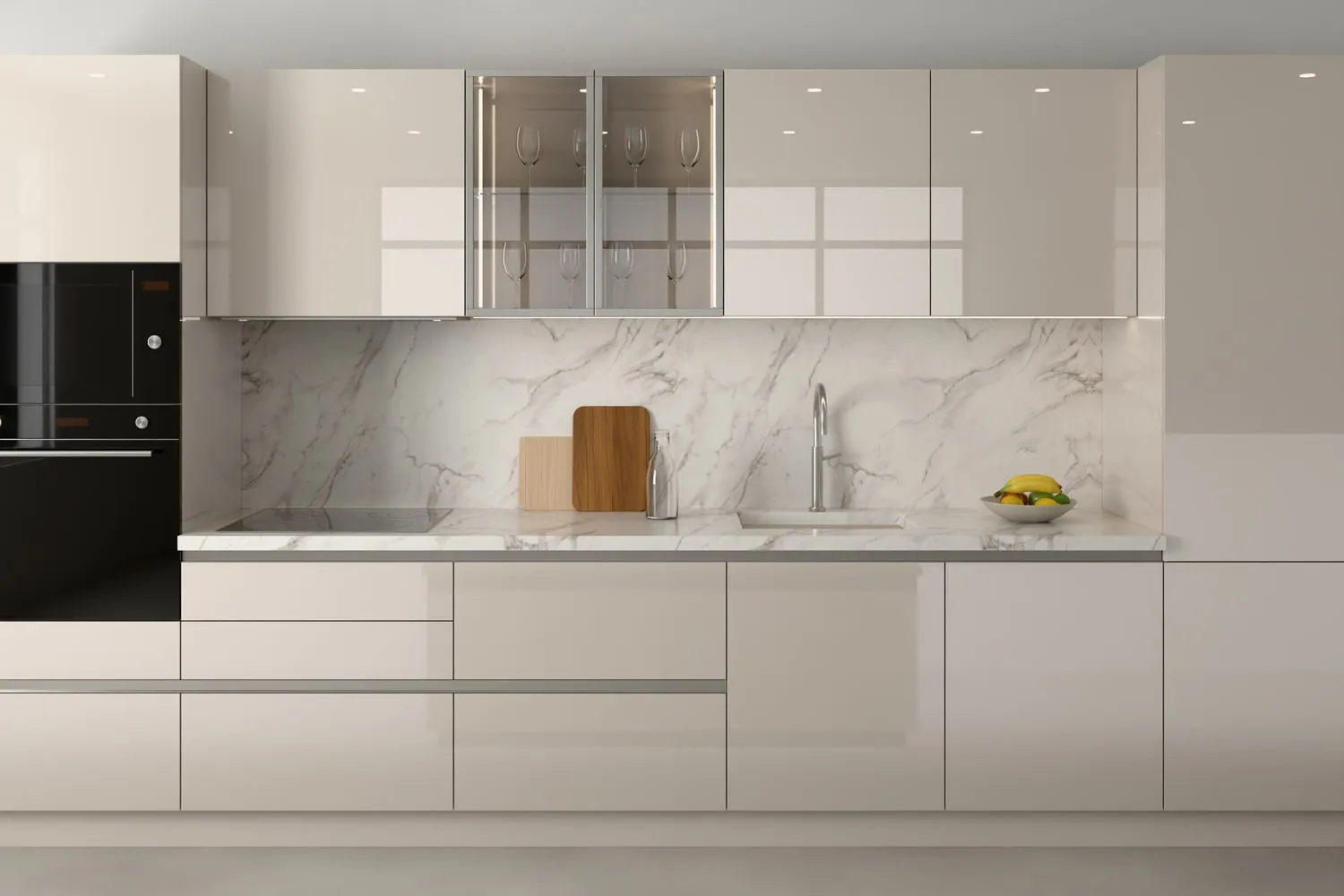 Visualisation from the style quiz: High-gloss cashmere fronts, white marble