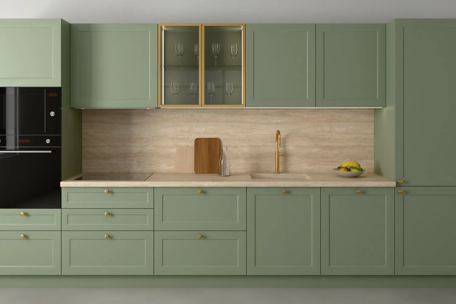 Visualisation from the style quiz: Sage green shaker kitchen with knobs, travertine
