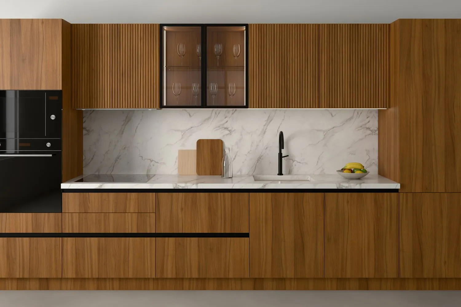 Visualisation from the style quiz: Walnut fronts with ribbed wall units, white marble