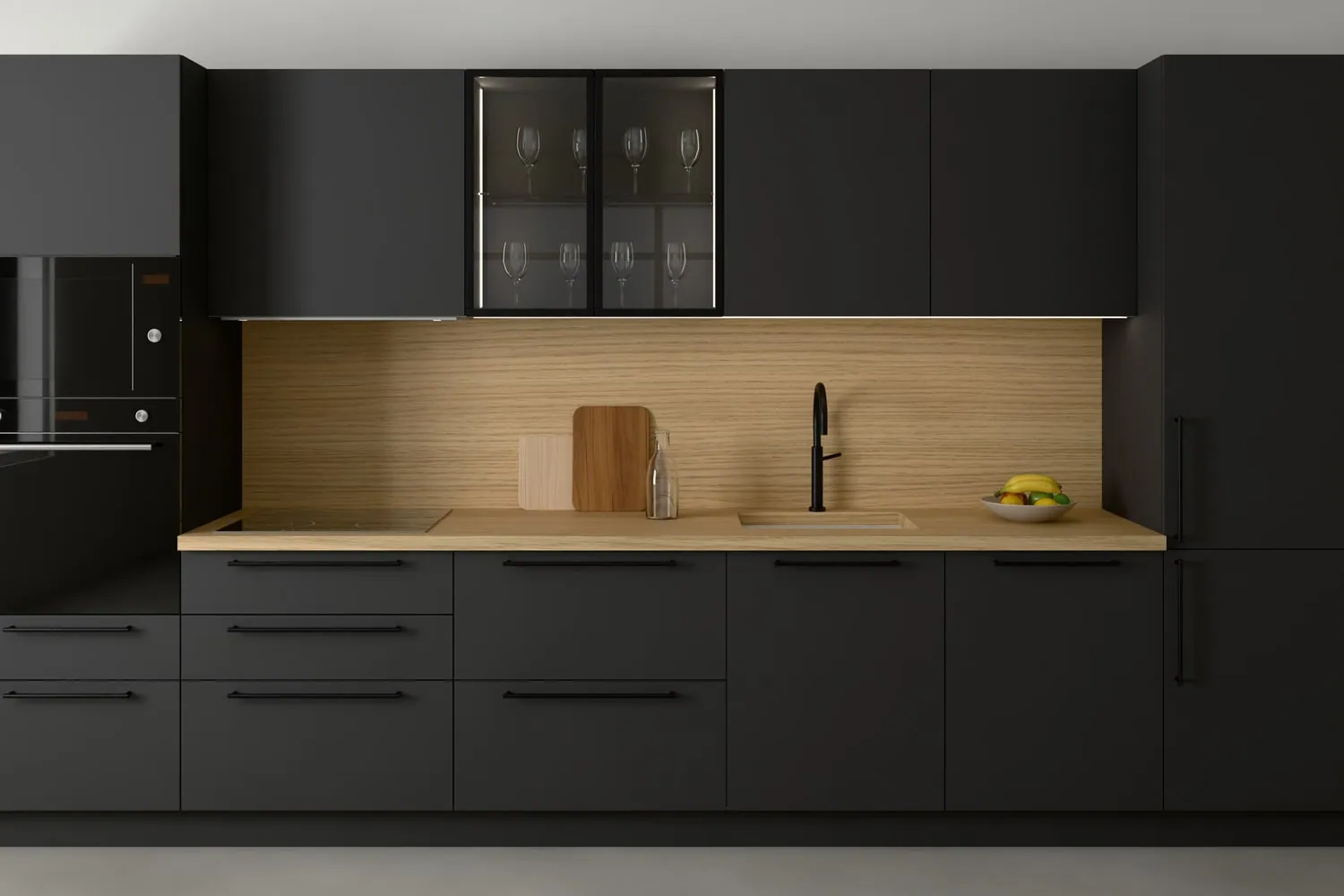 Visualisation from the style quiz: Anthracite kitchen with bar handles, natural oak worktop