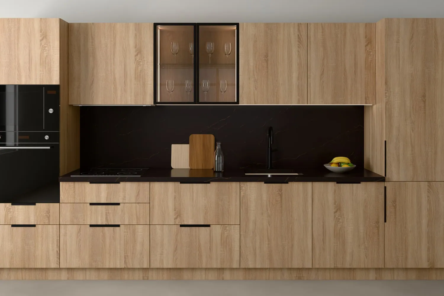 Visualisation from the style quiz: Natural oak, edge-mounted handles, black marble