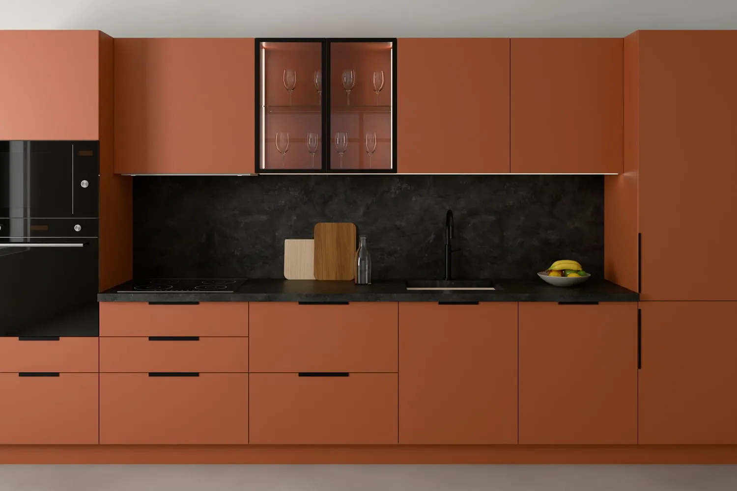 Visualisation from the style quiz: Terracotta fronts, anthracite stone worktop