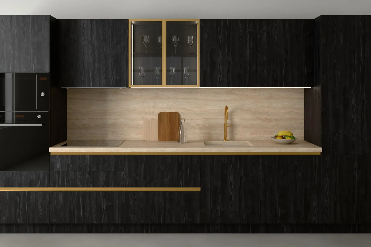 Visualisation from the style quiz: Black oak, travertine, gold details