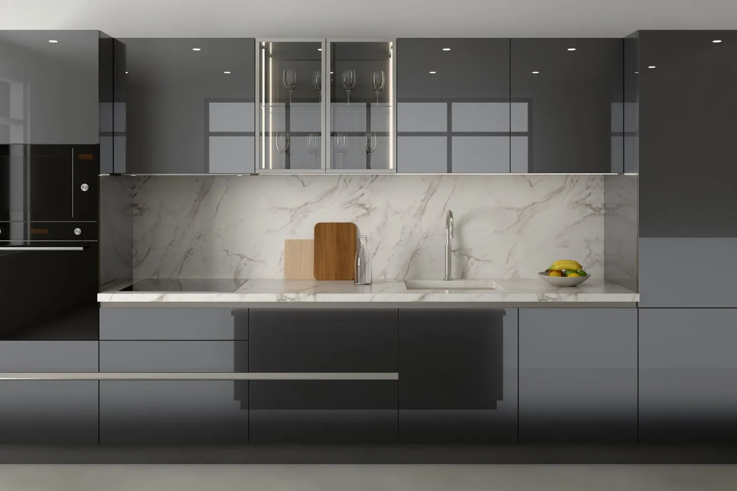 Visualisation from the style quiz: High-gloss anthracite fronts, white marble
