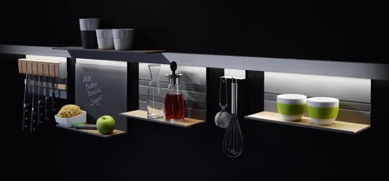 Wall rail with hooks and an illuminated shelf