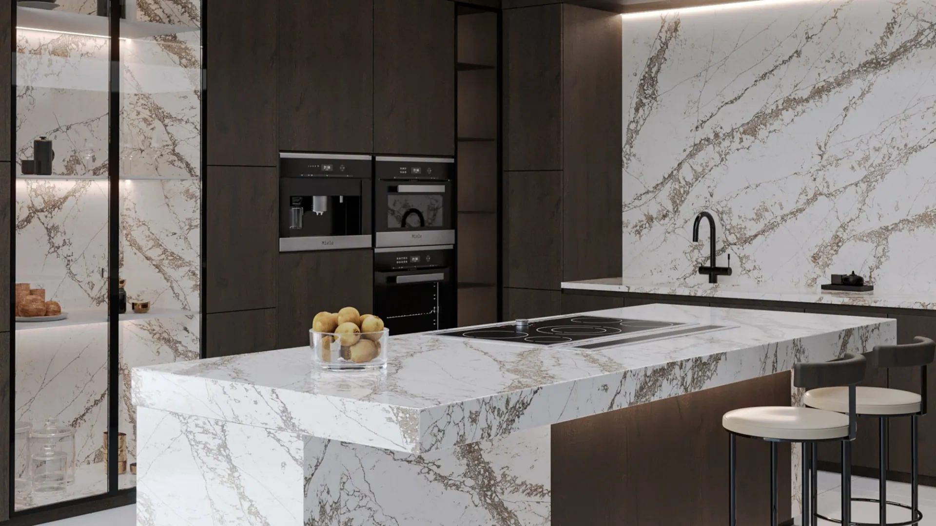 Marble-effect engineered stone worktop